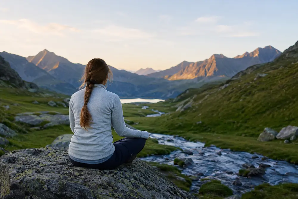 pourquoi-montagne-reduit-stress-mercantour.jpg Femme en montagne pratiquant la respiration et la récupération mentale dans le Mercantour